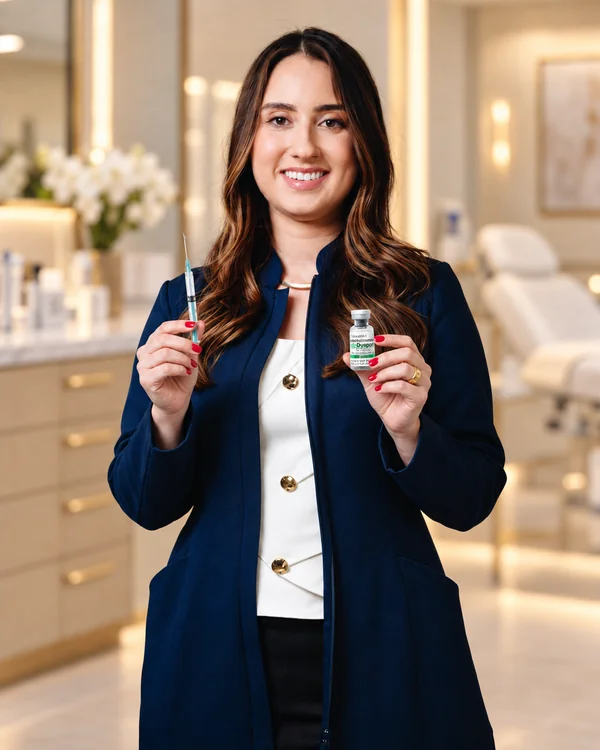 Dra. Isabela Botelho, cirurgiã-dentista, de blazer azul-marinho, sorrindo
