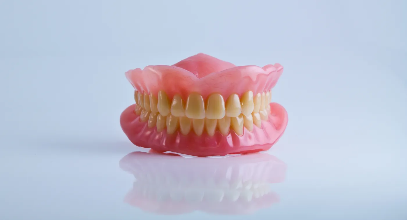 Prótese total dupla com gengiva rosa e dentes brancos