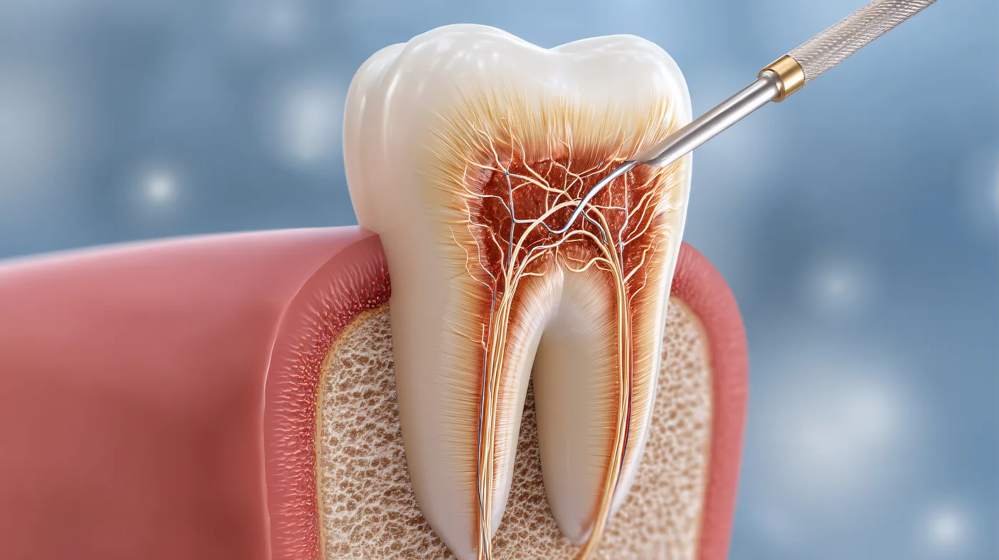 Corte de um dente mostrando os nervos internos, região relacionada ao desconforto após o tratamento de canal em Passos-MG